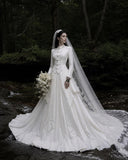 Load image into Gallery viewer, White Wedding Gown with Graceful Full Length Silhouette and Dramatic Bridal Train
