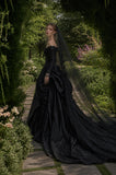 Load image into Gallery viewer, Black Alternative Wedding Gown with Flowing Train and Gothic Bridal Style