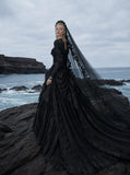 Load image into Gallery viewer, Black Gothic Bridal Gown with Dramatic Train, Alternative Wedding Dress