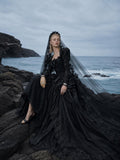 Load image into Gallery viewer, Black Gothic Bridal Gown with Dramatic Train, Alternative Wedding Dress
