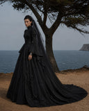 Load image into Gallery viewer, Black Gothic Bridal Gown with Dramatic Train, Alternative Wedding Dress