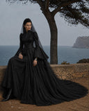 Load image into Gallery viewer, Black Gothic Bridal Gown with Dramatic Train, Alternative Wedding Dress