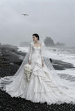 Load image into Gallery viewer, White Wedding Gown with Graceful Full Length Silhouette and Dramatic Bridal Train