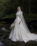 Load image into Gallery viewer, White Wedding Gown with Graceful Full Length Silhouette and Dramatic Bridal Train