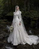 Load image into Gallery viewer, White Wedding Gown with Graceful Full Length Silhouette and Dramatic Bridal Train