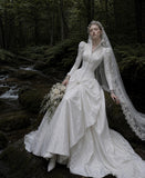 Load image into Gallery viewer, White Wedding Gown with Graceful Full Length Silhouette and Dramatic Bridal Train
