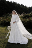 Load image into Gallery viewer, White Wedding Gown with Graceful Full Length Silhouette and Dramatic Bridal Train