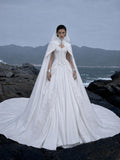 Load image into Gallery viewer, White Wedding Gown with Graceful Full Length Silhouette and Dramatic Bridal Train