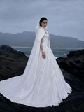 Load image into Gallery viewer, White Wedding Gown with Graceful Full Length Silhouette and Dramatic Bridal Train