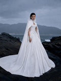 Load image into Gallery viewer, White Wedding Gown with Graceful Full Length Silhouette and Dramatic Bridal Train