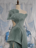 Load image into Gallery viewer, Sage Green Sculptural Pleated Gown Asymmetric One Shoulder Formal Dress Made to Measure
