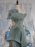 Load image into Gallery viewer, Sage Green Sculptural Pleated Gown Asymmetric One Shoulder Formal Dress Made to Measure