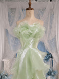 Load image into Gallery viewer, Sage Green Ruffle Gown with Sculptural Floral Bodice and Flowing Asymmetrical Skirt