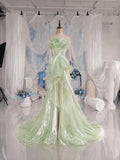 Load image into Gallery viewer, Sage Green Ruffle Gown with Sculptural Floral Bodice and Flowing Asymmetrical Skirt