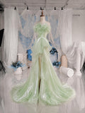 Load image into Gallery viewer, Sage Green Ruffle Gown with Sculptural Floral Bodice and Flowing Asymmetrical Skirt