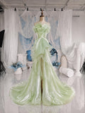 Load image into Gallery viewer, Sage Green Ruffle Gown with Sculptural Floral Bodice and Flowing Asymmetrical Skirt