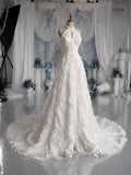 Load image into Gallery viewer, White Halter Wedding Dress with Textured Ruffle Detail, Keyhole Neckline and Flowing Bridal Silhouette
