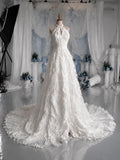Load image into Gallery viewer, White Halter Wedding Dress with Textured Ruffle Detail, Keyhole Neckline and Flowing Bridal Silhouette