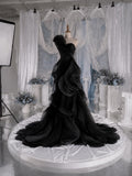 Load image into Gallery viewer, Black Sculptural Evening Dress with Asymmetric Ruffle Detail, Custom Made Statement Gown for Formal Events