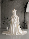 Load image into Gallery viewer, Ivory Asymmetric Wedding Gown with Sculptural Draping, One Shoulder Bridal Dress, Made to Measure