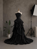 Load image into Gallery viewer, Black Strapless Sculptural Evening Gown with Layered Skirt, Formal Statement Dress, Made to Measure