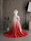 Load image into Gallery viewer, Red and White Ombre Evening Gown with Draped Side Cascade, Strapless Formal Dress, Made to Measure