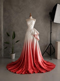 Load image into Gallery viewer, Red and White Ombre Evening Gown with Draped Side Cascade, Strapless Formal Dress, Made to Measure