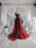Load image into Gallery viewer, Red and Black Ombre Tulle Style Gown, Off Shoulder Formal Dress with Dramatic Train, Made to Measure