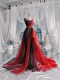 Load image into Gallery viewer, Red and Black Ombre Tulle Style Gown, Off Shoulder Formal Dress with Dramatic Train, Made to Measure