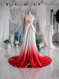 Load image into Gallery viewer, Red and White Ombre Off Shoulder Gown with Ruched Bodice, Formal Evening Dress, Made to Measure