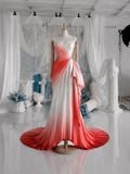 Load image into Gallery viewer, Coral and White Ombre Strapless Gown with Draped Skirt, Formal Occasion Dress, Made to Measure