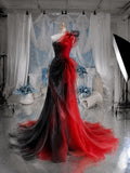 Load image into Gallery viewer, Red and Black One Shoulder Gown with Layered Ruffle Detail, Dramatic Formal Dress, Made to Measure