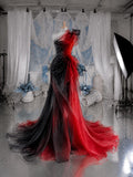Load image into Gallery viewer, Red and Black One Shoulder Gown with Layered Ruffle Detail, Dramatic Formal Dress, Made to Measure