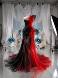 Load image into Gallery viewer, Red and Black One Shoulder Gown with Layered Ruffle Detail, Dramatic Formal Dress, Made to Measure