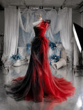 Load image into Gallery viewer, Red and Black One Shoulder Gown with Layered Ruffle Detail, Dramatic Formal Dress, Made to Measure