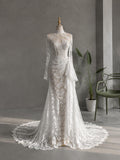 Load image into Gallery viewer, White Long Sleeve Lace Pattern Wedding Dress, High Neck Mermaid Bridal Gown, Made to Measure