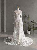Load image into Gallery viewer, White Long Sleeve Lace Pattern Wedding Dress, High Neck Mermaid Bridal Gown, Made to Measure