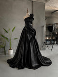 Load image into Gallery viewer, Black One Shoulder Evening Gown with Oversized Rosette, Draped Formal Dress, Made to Measure