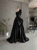 Load image into Gallery viewer, Black One Shoulder Evening Gown with Oversized Rosette, Draped Formal Dress, Made to Measure