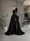 Load image into Gallery viewer, Black One Shoulder Evening Gown with Oversized Rosette, Draped Formal Dress, Made to Measure