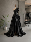 Load image into Gallery viewer, Black One Shoulder Evening Gown with Oversized Rosette, Draped Formal Dress, Made to Measure