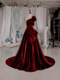Load image into Gallery viewer, Burgundy One Shoulder Evening Gown with Floral Detail, Draped Formal Dress, Made to Measure