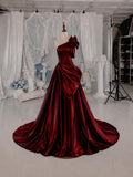 Load image into Gallery viewer, Burgundy One Shoulder Evening Gown with Floral Detail, Draped Formal Dress, Made to Measure