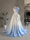 Load image into Gallery viewer, Light Blue Ombre Strapless Gown with Oversized Rosette, Romantic Formal Dress, Made to Measure
