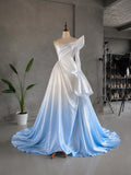 Load image into Gallery viewer, Light Blue Ombre Off Shoulder Gown with Sculptural Draping, Formal Dress, Made to Measure