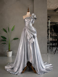 Load image into Gallery viewer, Silver One Shoulder Gown with Oversized Bow Detail, Sculptural Formal Dress, Made to Measure