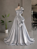 Load image into Gallery viewer, Silver One Shoulder Gown with Oversized Bow Detail, Sculptural Formal Dress, Made to Measure
