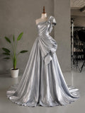 Load image into Gallery viewer, Silver One Shoulder Gown with Oversized Bow Detail, Sculptural Formal Dress, Made to Measure