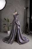 Load image into Gallery viewer, Gray Strapless Sculptural Gown with Fan Fold Detail, Draped Formal Dress, Made to Measure