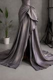 Load image into Gallery viewer, Gray Strapless Sculptural Gown with Fan Fold Detail, Draped Formal Dress, Made to Measure